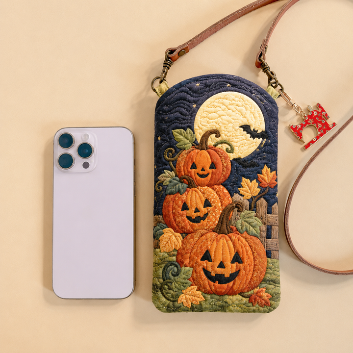 Slim Quilted Phone Crossbody Bag – Jack-o’-Lanterns in the Moonlight