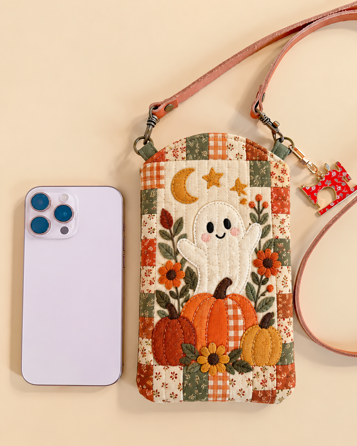 Slim Quilted Phone Crossbody Bag – Cute Ghost in a Pumpkin Patch