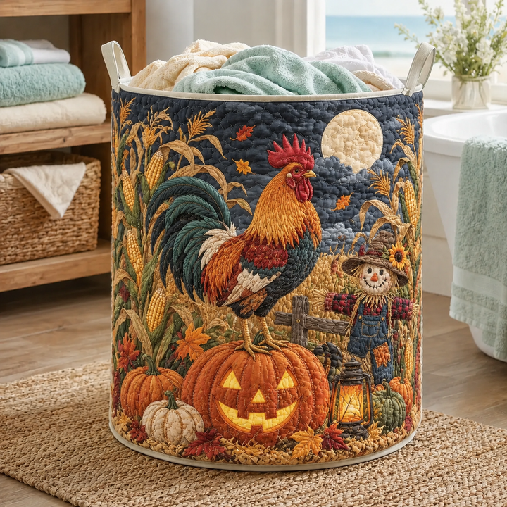 Quilted Laundry Basket – Rooster and Pumpkin Harvest
