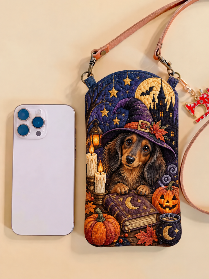 Slim Quilted Phone Crossbody Bag – Witch Dachshund with Pumpkins