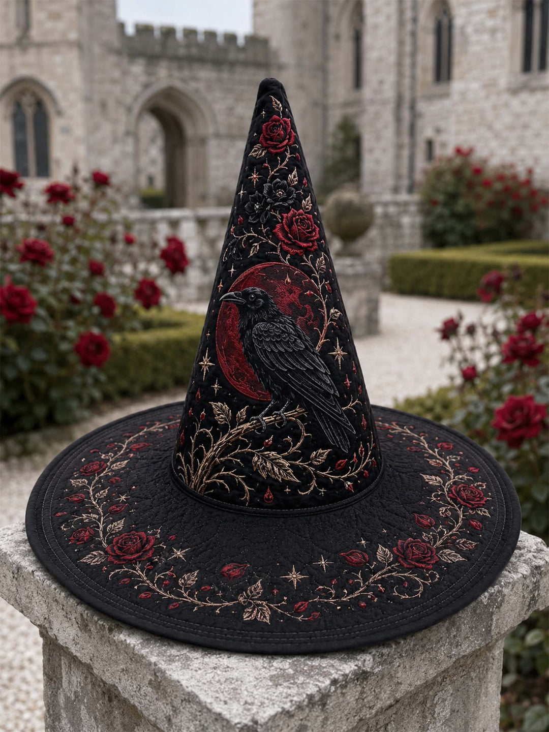 Handmade Quilted Witch Hat – Black Roses and Raven in Victorian Style