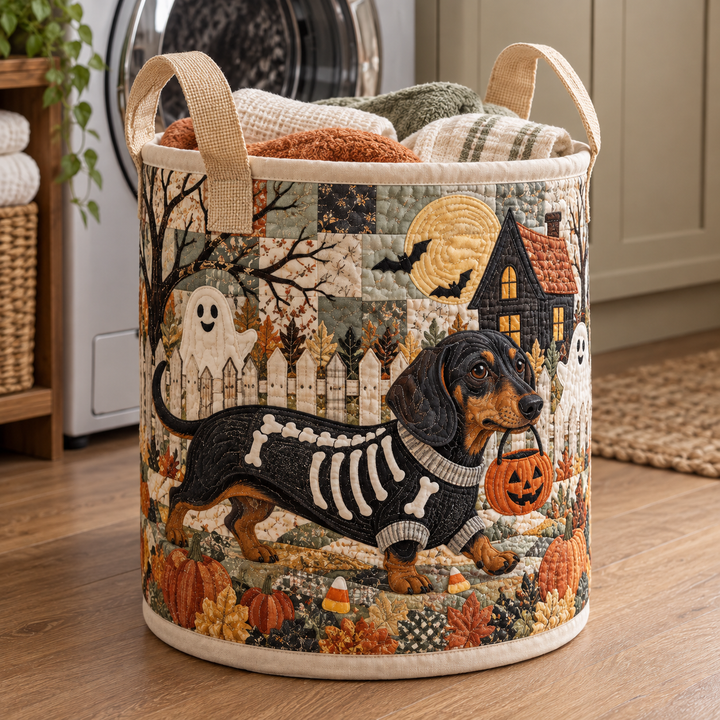 Quilted Laundry Basket – Dachshund in a Skeleton Costume for Halloween