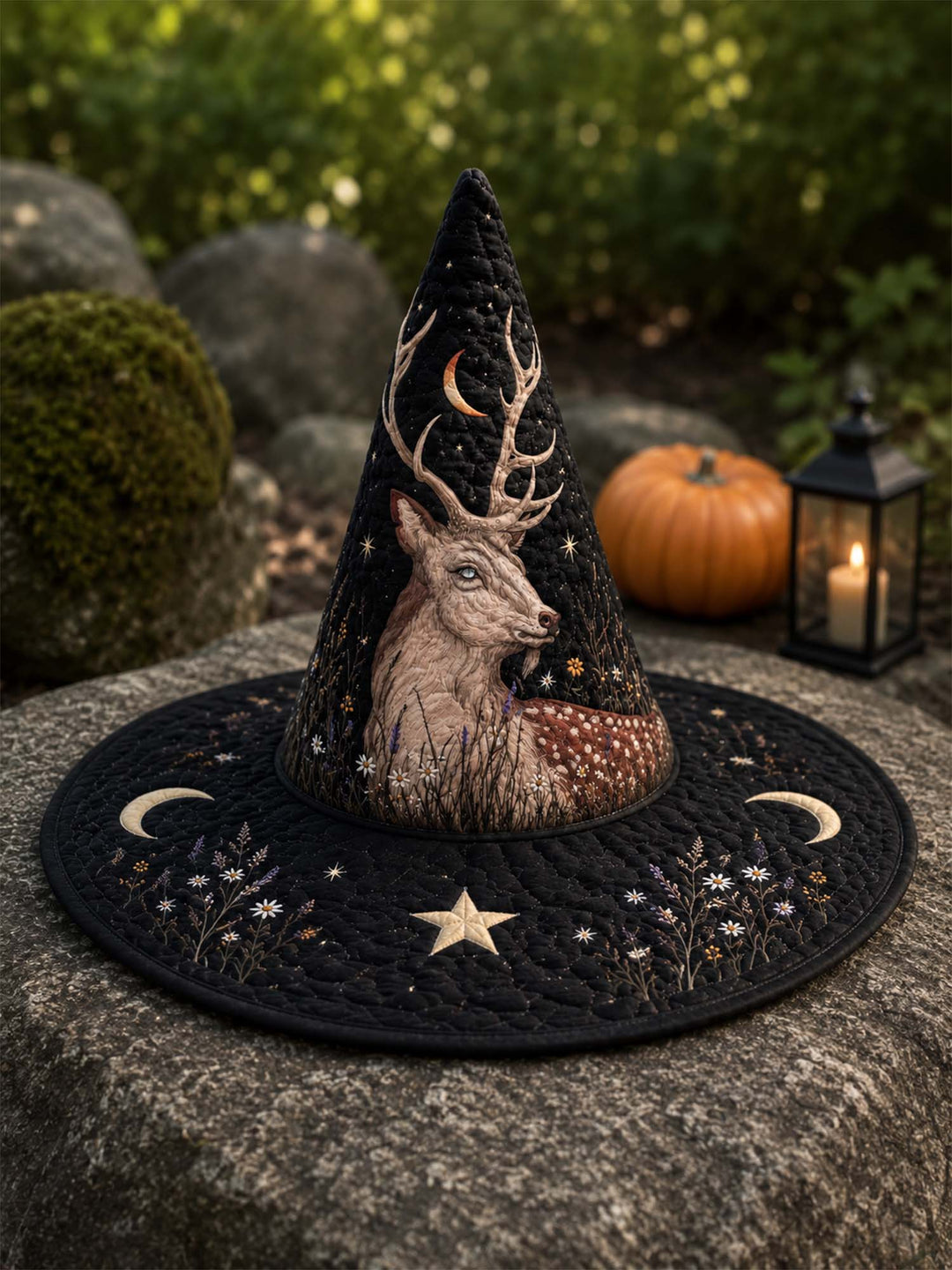 Handmade Quilted Witch Hat – Mystical Stag in a Dark Style