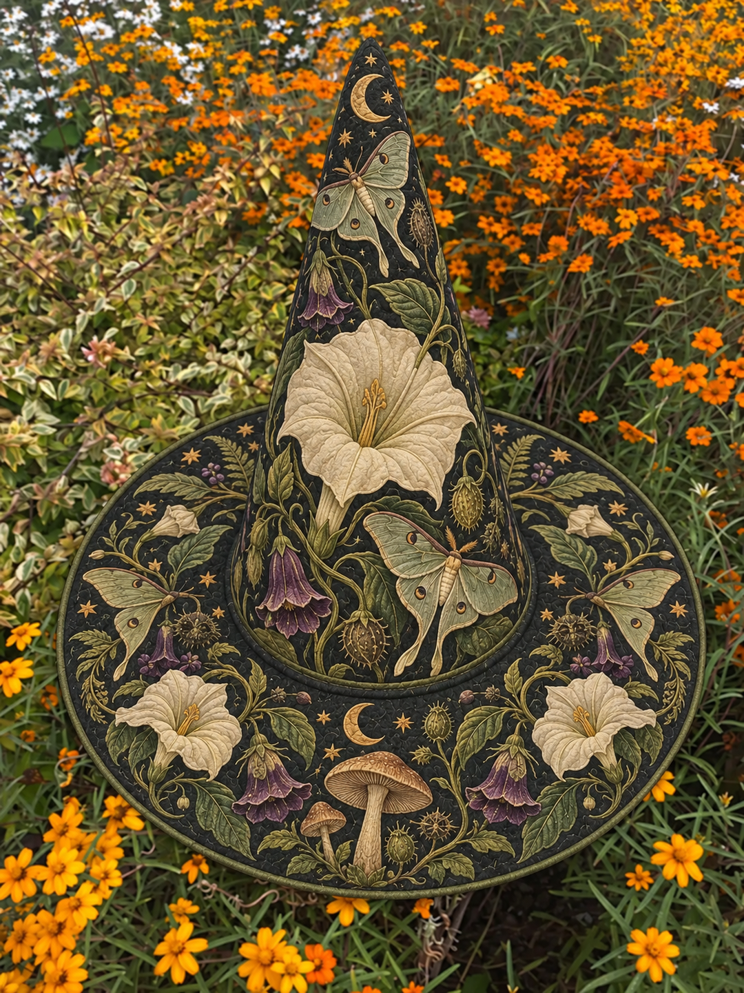 Handmade Quilted Witch Hat – Raven in a Lily Garden