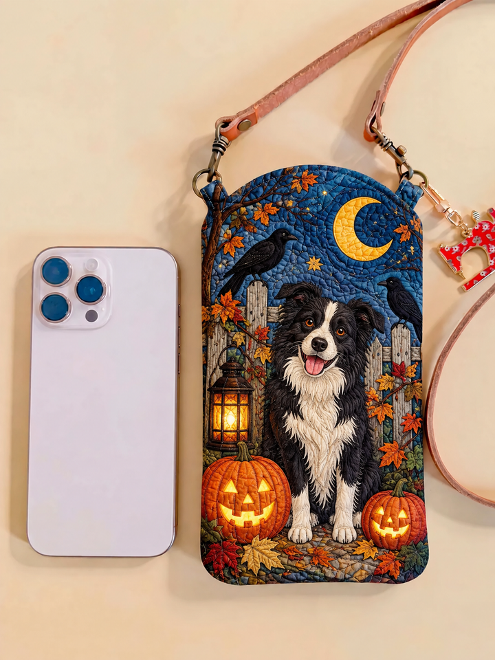 Slim Quilted Phone Crossbody Bag – Border Collie in Halloween Moonlight