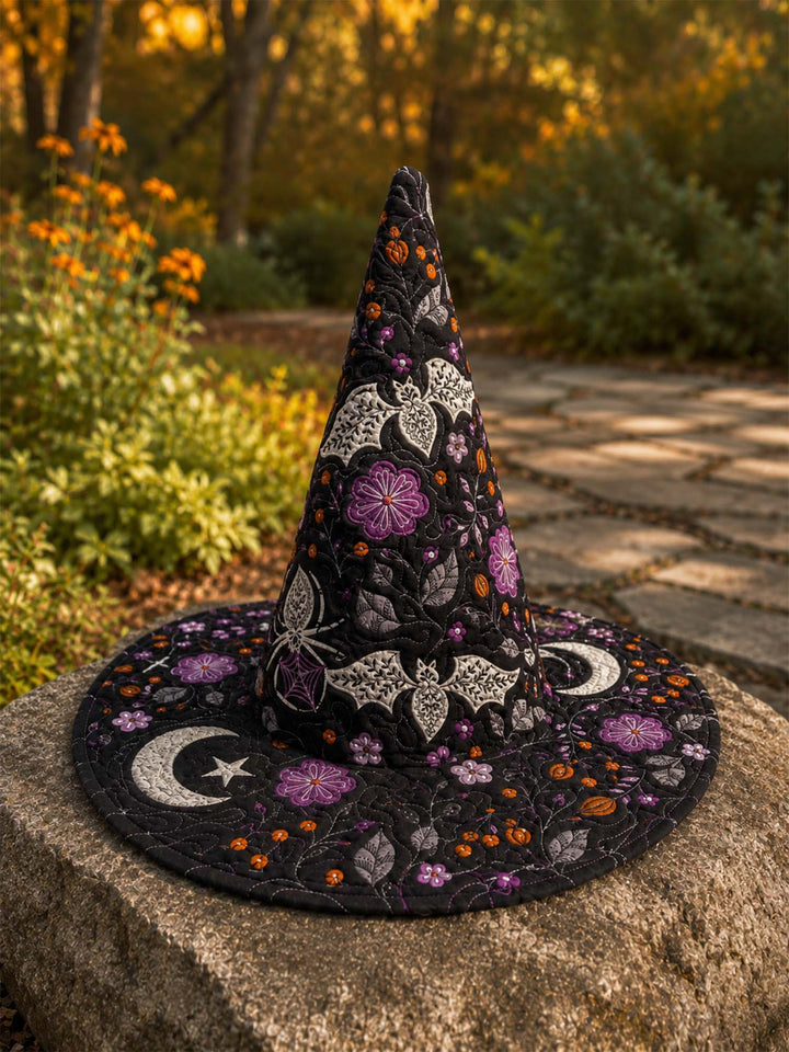 Handmade Quilted Witch Hat – Bats, Flowers and Halloween Moon