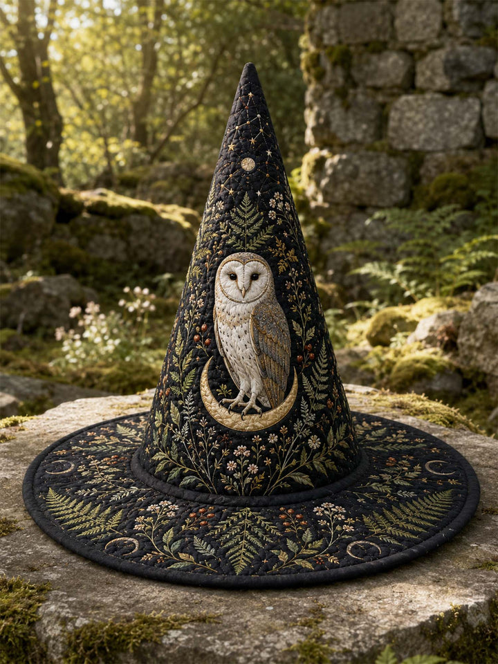 Handmade Quilted Witch Hat – Owl in a Dark Forest by Moonlight