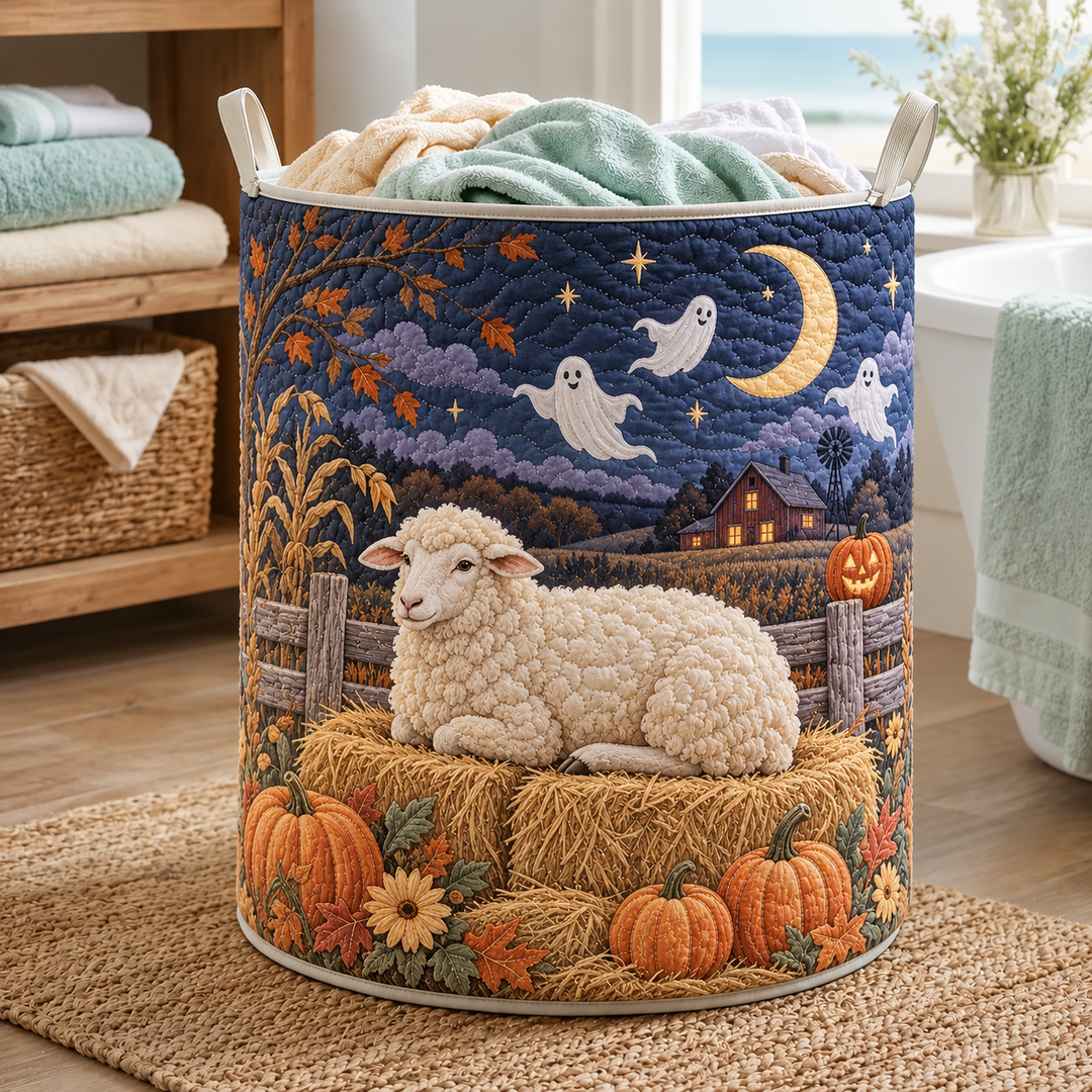 Quilted Laundry Basket – Sheep in a Ghost Costume on Pumpkin Night