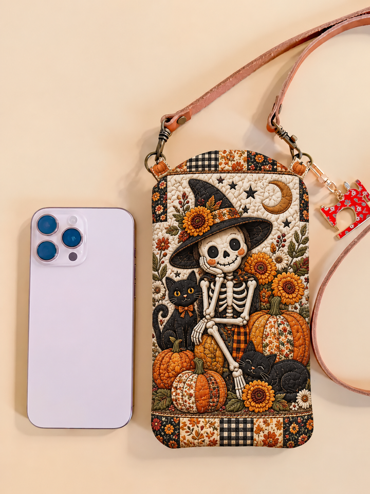 Slim Quilted Phone Crossbody Bag – Skeleton and Sunflowers for Halloween