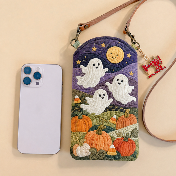 Slim Quilted Phone Crossbody Bag – Friendly Ghost in a Pumpkin Patch