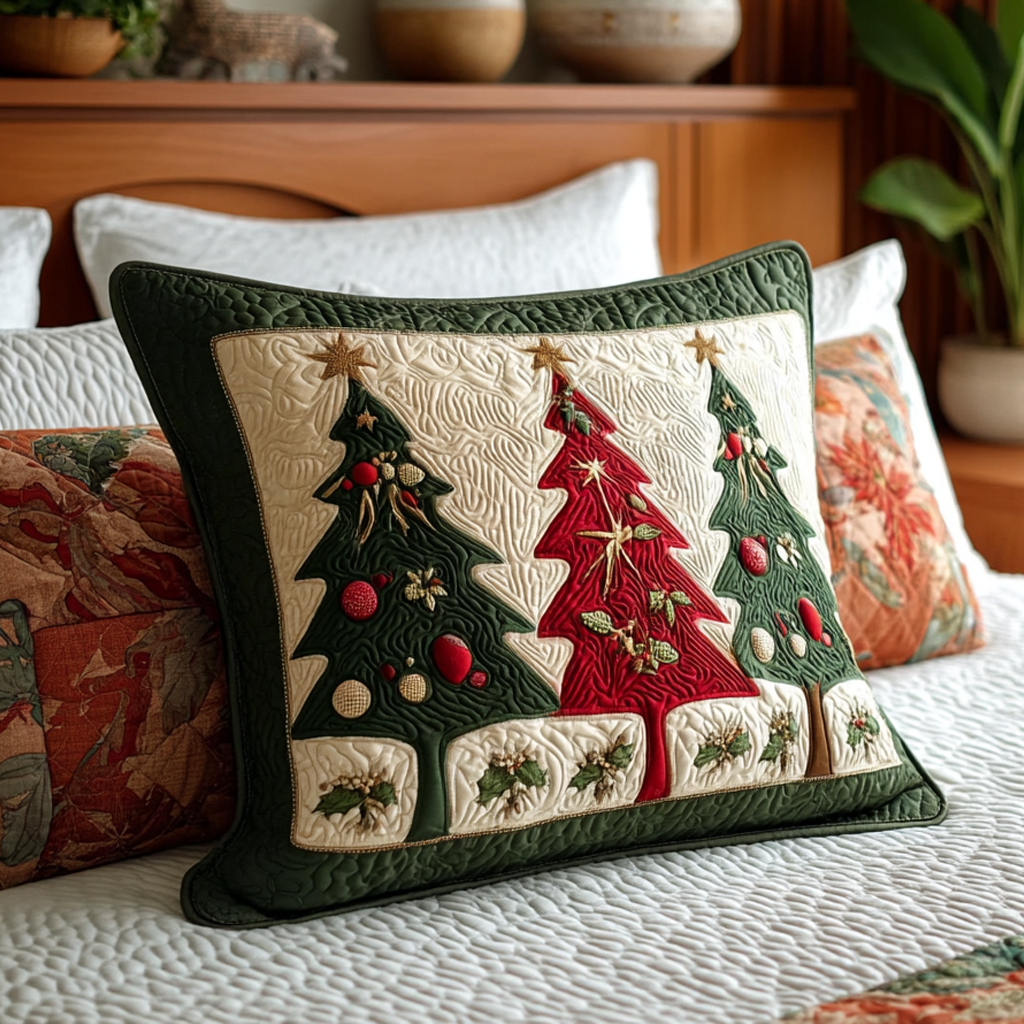 Quilted cushion cover with holly and forest by Louise London