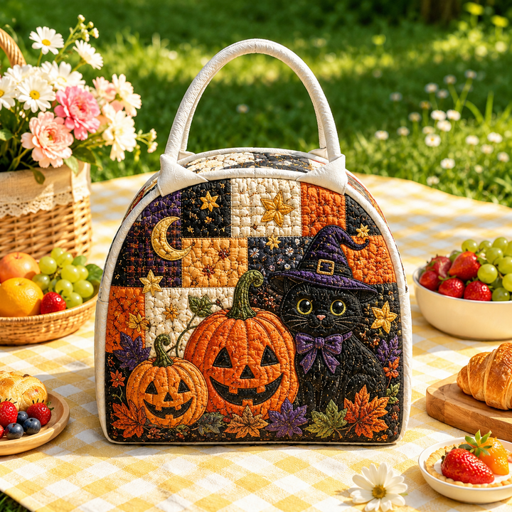 Quilted Lunch Bag – Black Cat and Jack-o’-Lantern