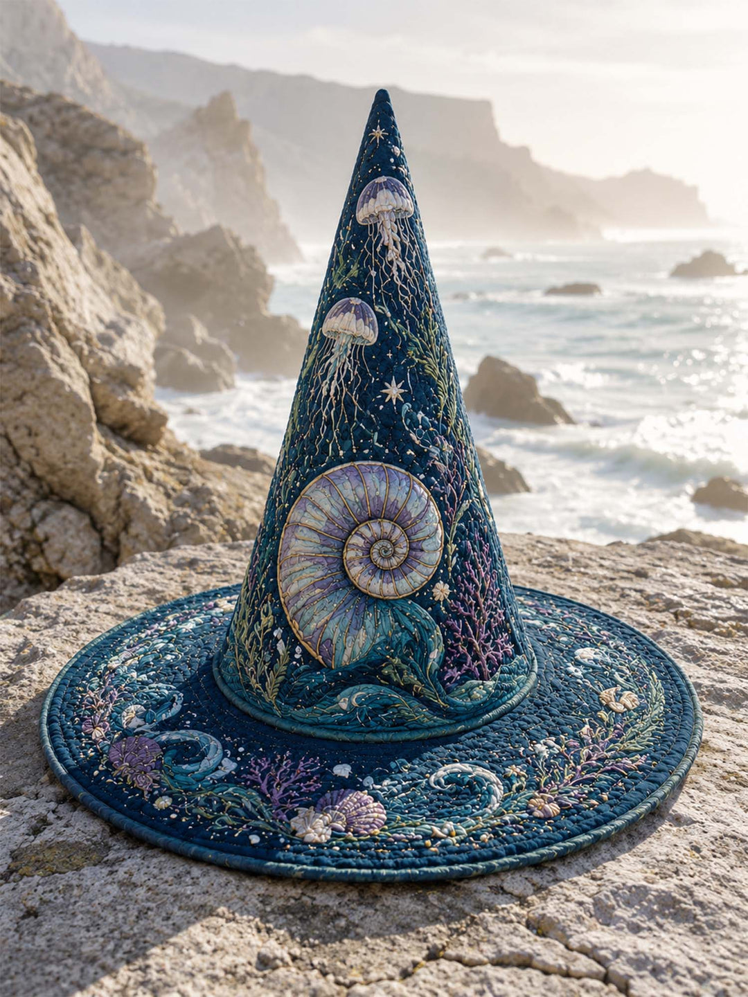 Handmade Quilted Witch Hat – Jellyfish and Nautilus in the Sea