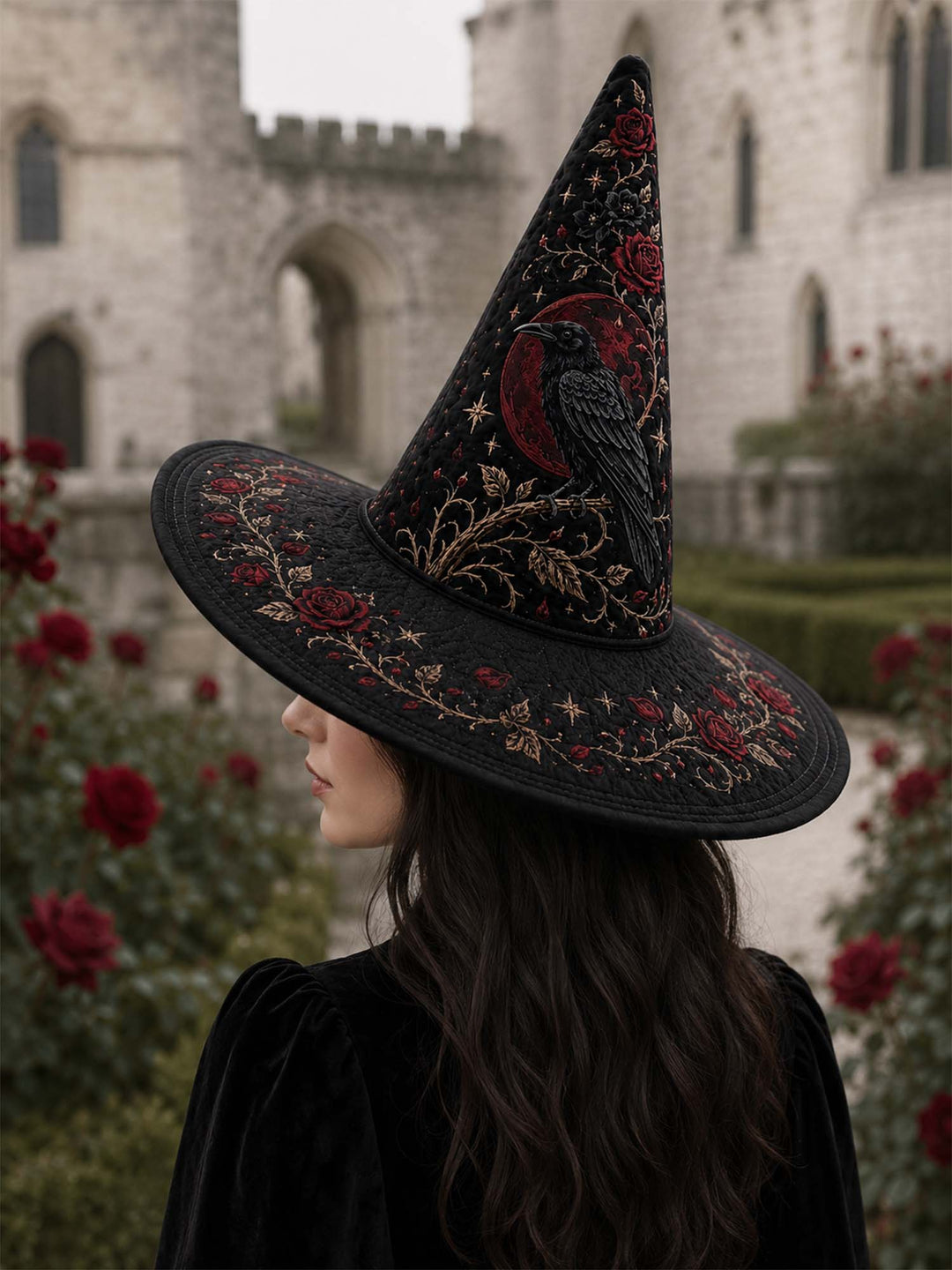 Handmade Quilted Witch Hat – Black Roses and Raven in Victorian Style