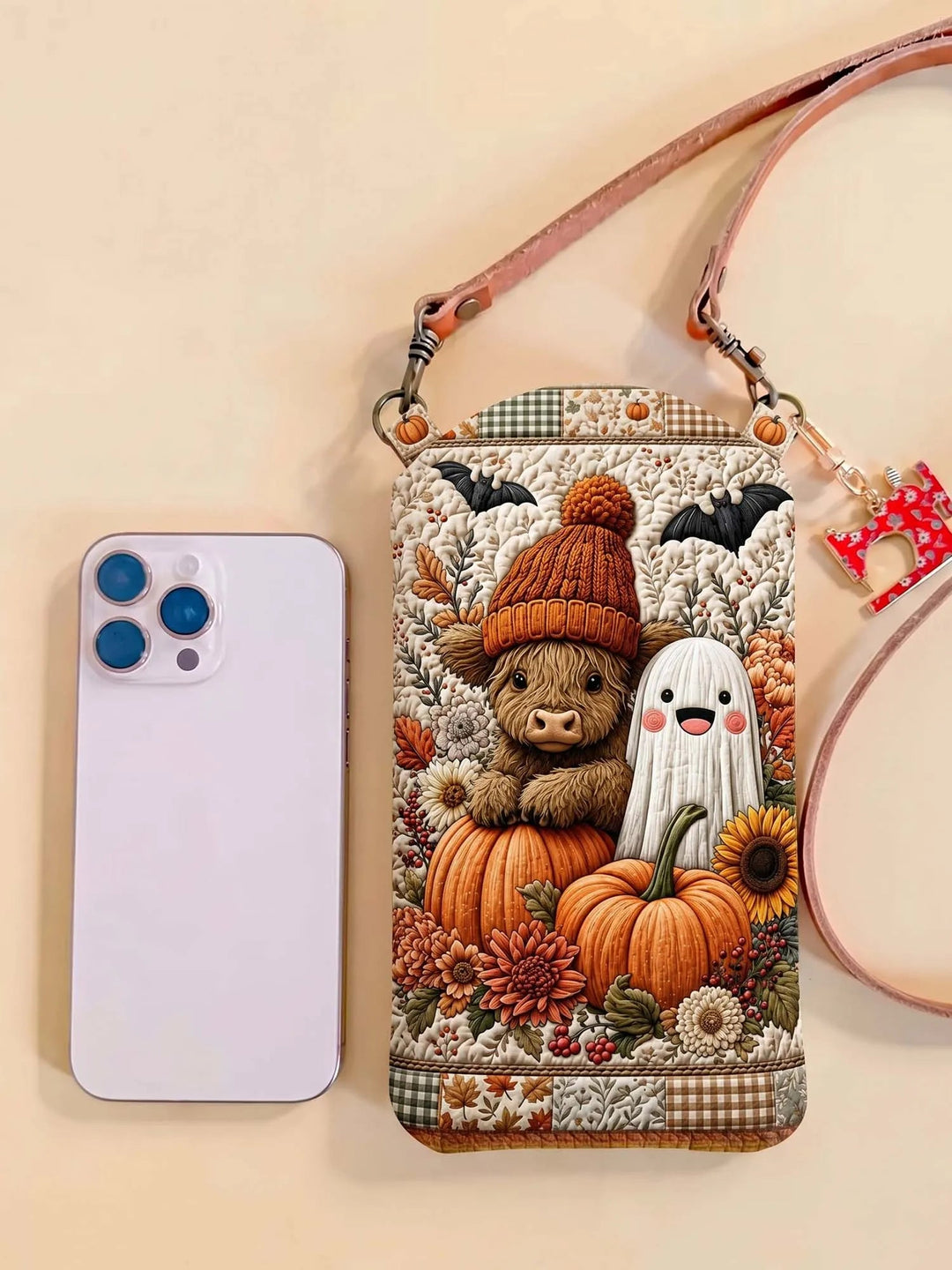 Slim Quilted Phone Crossbody Bag – Halloween Ghost and Highland Cow