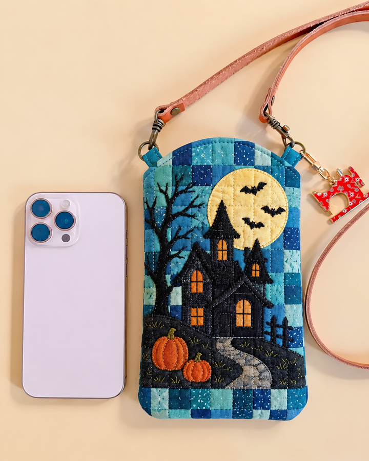 Slim Quilted Phone Crossbody Bag – Haunted House under the Full Moon
