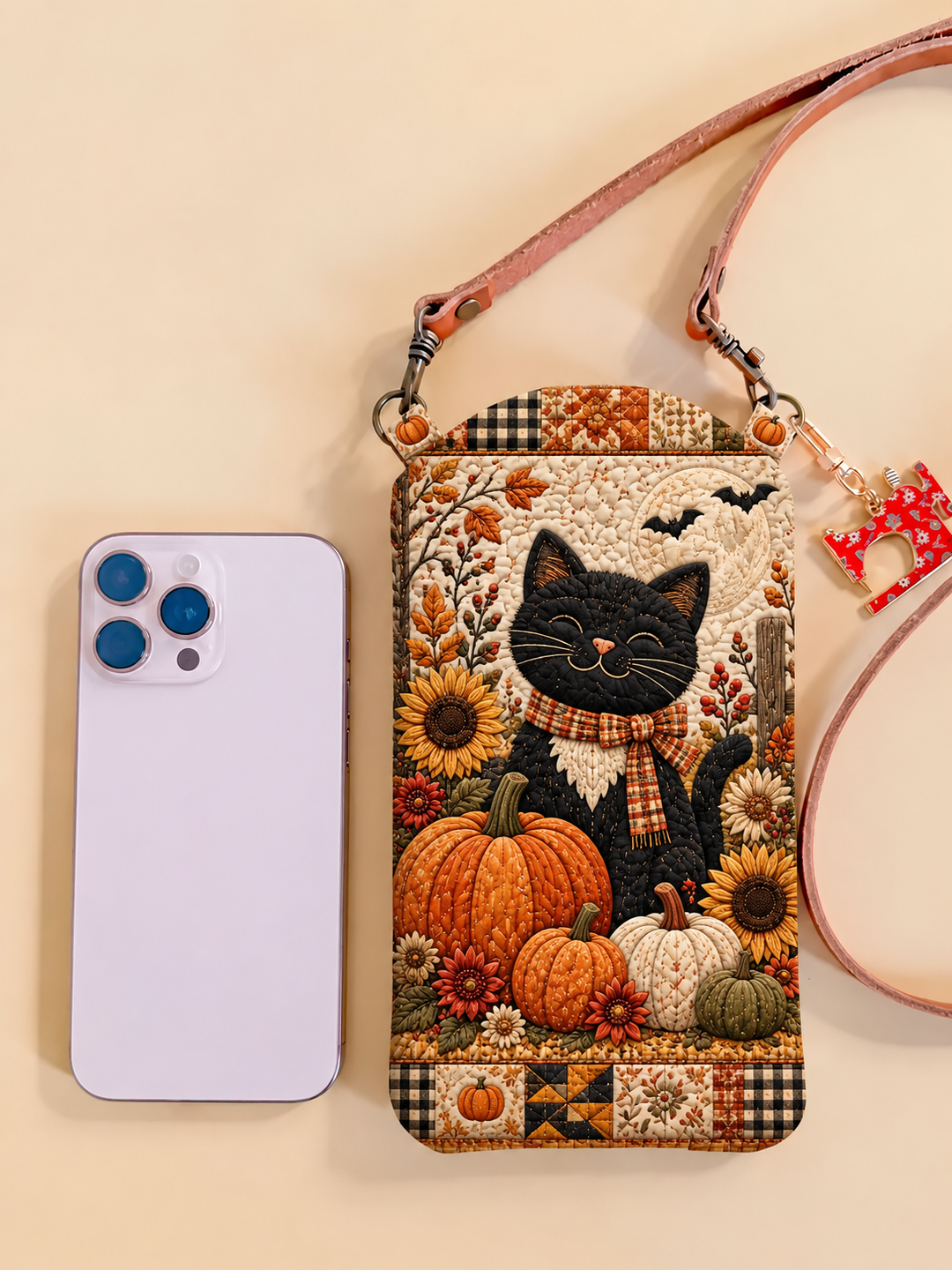 Slim Quilted Phone Crossbody Bag – Black Cat in a Pumpkin Garden