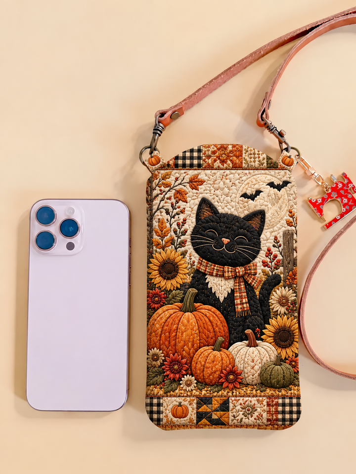 Slim Quilted Phone Crossbody Bag – Black Cat in a Pumpkin Garden