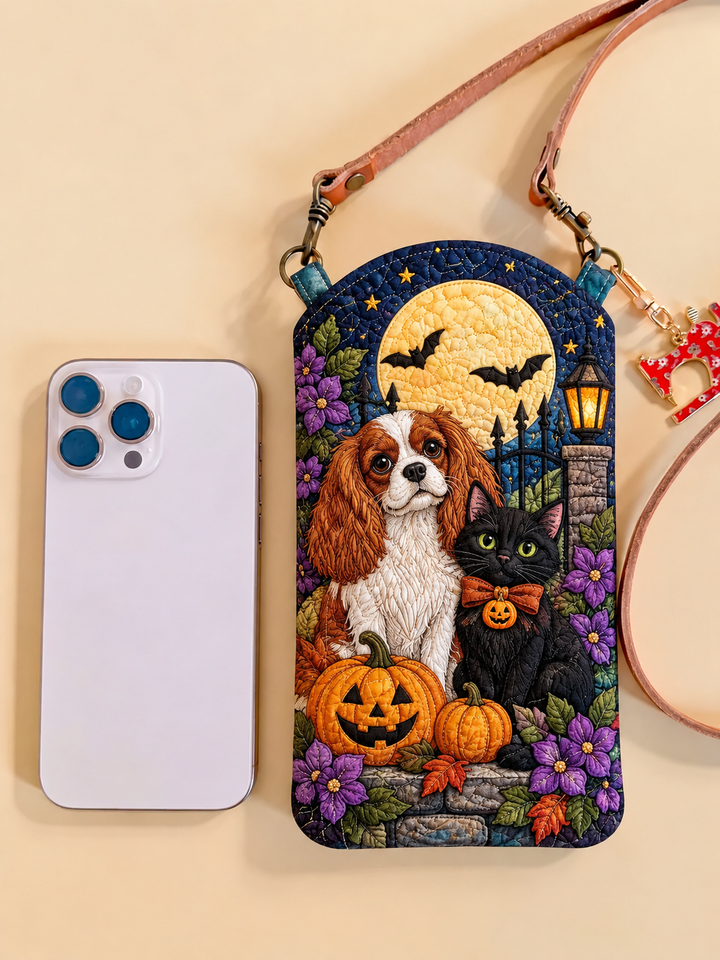 Slim Quilted Phone Crossbody Bag – Cavalier and Black Cat for Halloween
