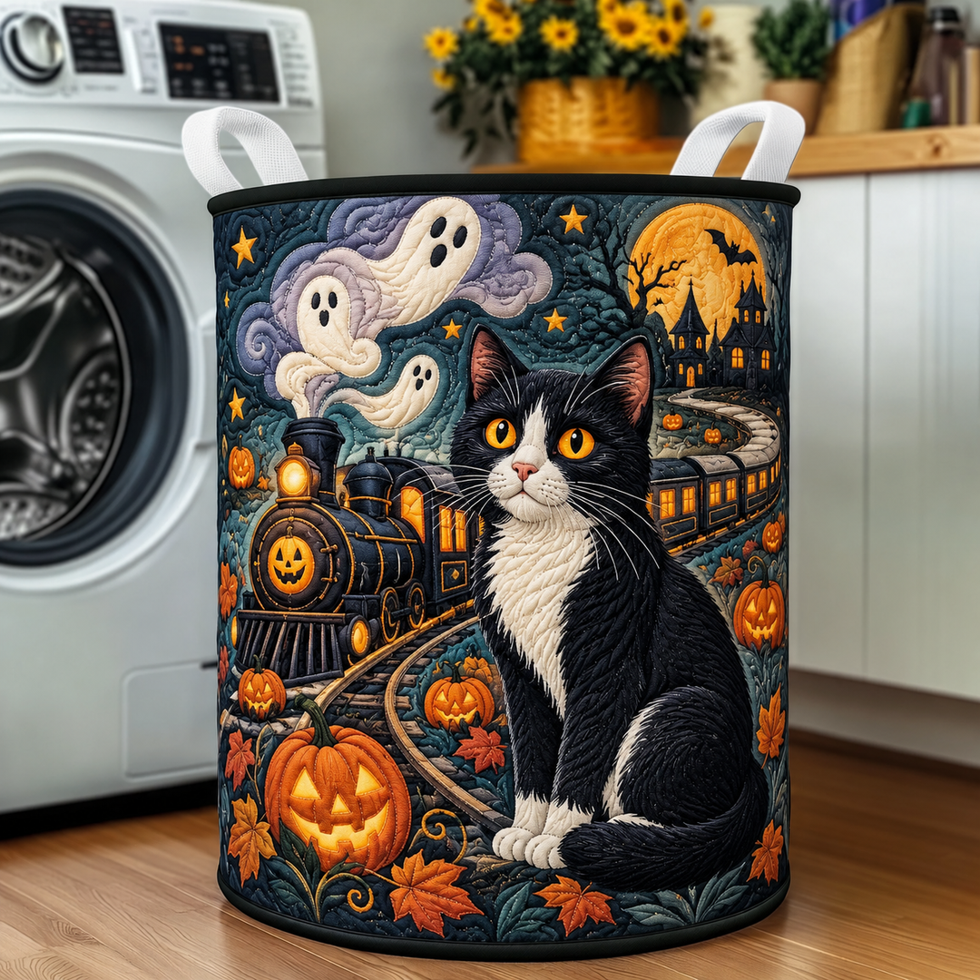Quilted Laundry Basket – Black Cat on a Ghost Train