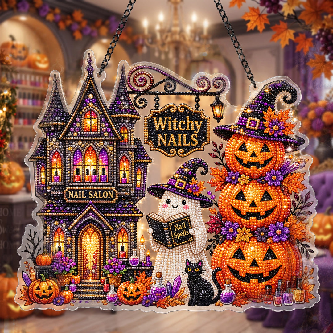 🔥HOT SALE 70% OFF - 🎃✨ Halloween Diamond Art Ornament Kit – Sparkling DIY Window Hanging Decor – 👻💅 Witchy Nail Salon