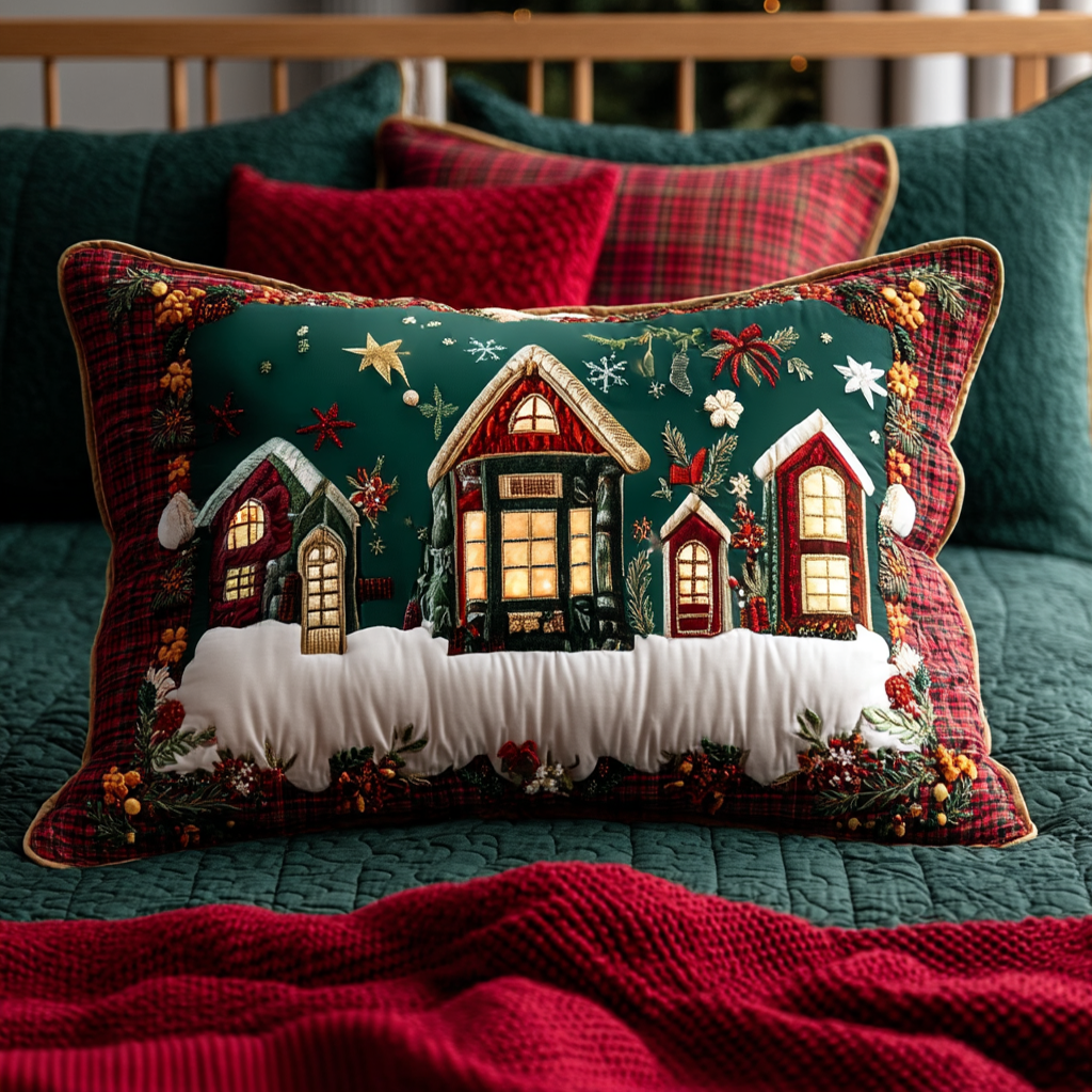 Quilted pillow cover with a snowy village at night NCU0XD154