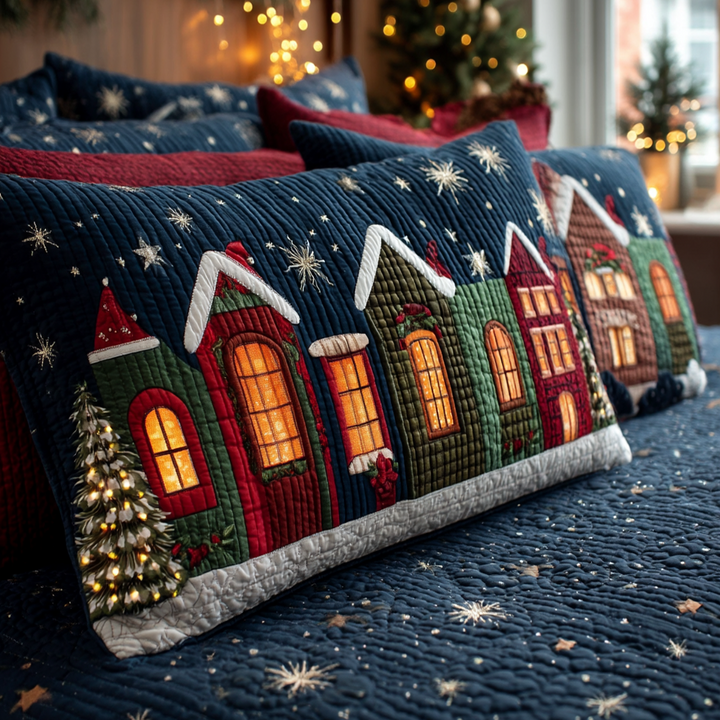Quilted Cushion Cover with Christmas Village by Louise London