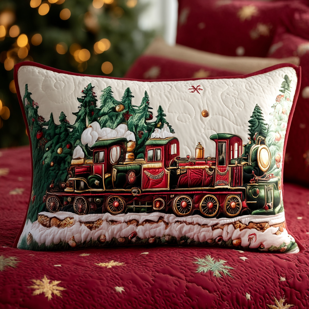 Quilted cushion cover with Christmas train by Louise London