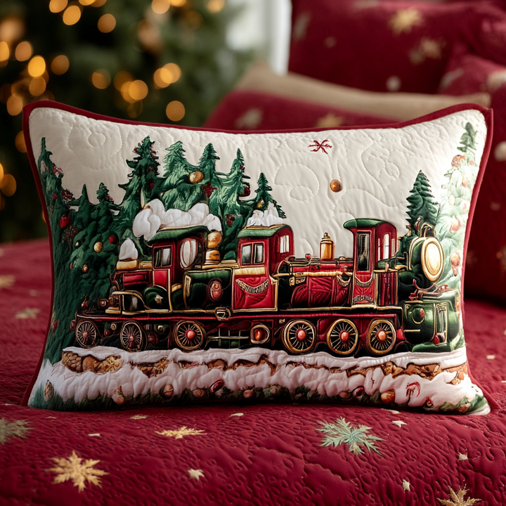 Quilted cushion cover with Christmas train by Louise London