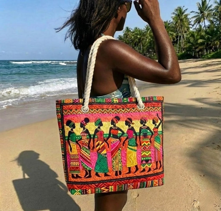 Quilted Beach Tote with African Queens Artwork