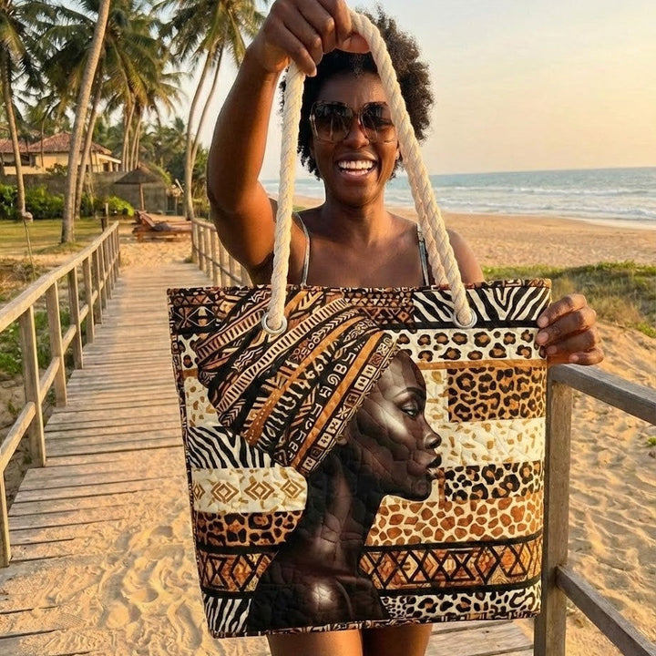 Quilted Beach Tote with African Queen Artwork